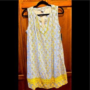 Blue and White geo print w/yellow trim details